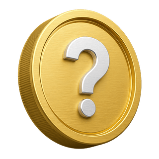 Koin emas 3D bergambar tanda tanya sebagai elemen dekoratif di halaman FAQ